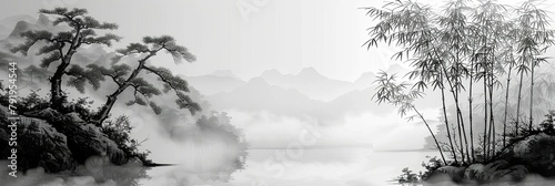 Monochrome river coast with bamboo landscape. Eastern nature with mountains covered with fog and thickets of trees on shore of lake in chinese and japanese style photo