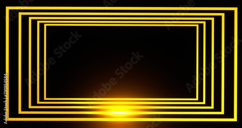 Digital geometric frame with glowing gold line. Golden rectangle illuminated by 3d luminous line moving along perimeter for electric led shows