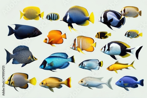 'transparent isolated tropical collection fishes background set fish aquarium water white submarine ocean life many colourful'