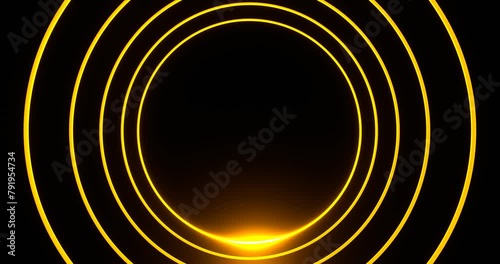 Round geometric frame with gold beam. Glowing circle illuminated by 3d golden luminous line moving for design of effective advertising and electric led shows