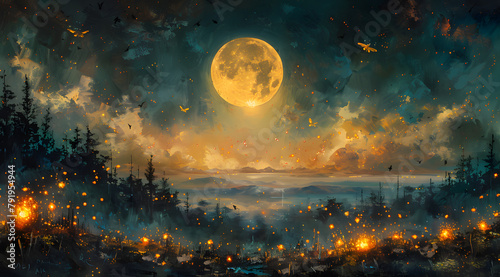 Radiant Nocturne: Artistic Oil Painting of Moonlit Fireflies and Butterflies © Thien Vu