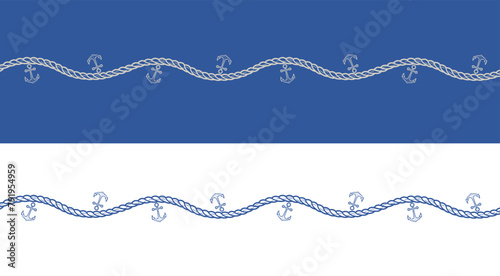 sailing boat marine rope with anchors vector seamless border. summer ocean decorations on dark and white background. nautical rope 