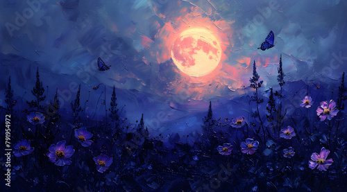 Moonlit Silhouettes: Oil Painting of Flowers and Butterflies Under Full Moon