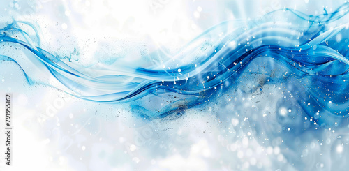 Abstract background with elegant blue water-like waves and splashes with bokeh and light effects