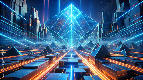Glowing blue and orange light patterns illuminate a futuristic cityscape with towering structures and a large pyramid at the focal point. Beams of light converge on the pyramid.AI generated. photo