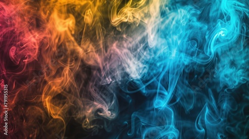 Abstract streams of colorful multi-colored smoke, chaotically intertwining with each other on black background