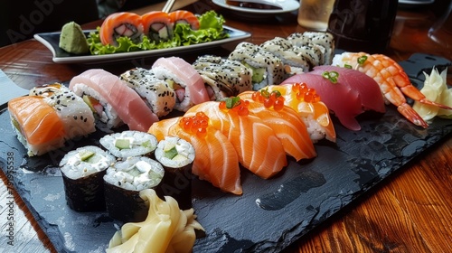 Appetizing sushi platter beautifully arranged on a dark slate, wasabi and ginger on the side photo
