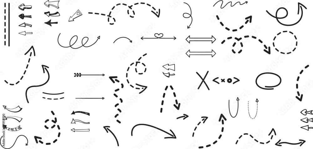 Clean dot style hand drawn doodle arrows set. Clean dot arrows style doodle set hand drawn. Curve Dotted line, preliminary