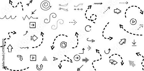 Clean dot style hand drawn doodle arrows set. Clean dot arrows style doodle set hand drawn. Curve Dotted line, preliminary