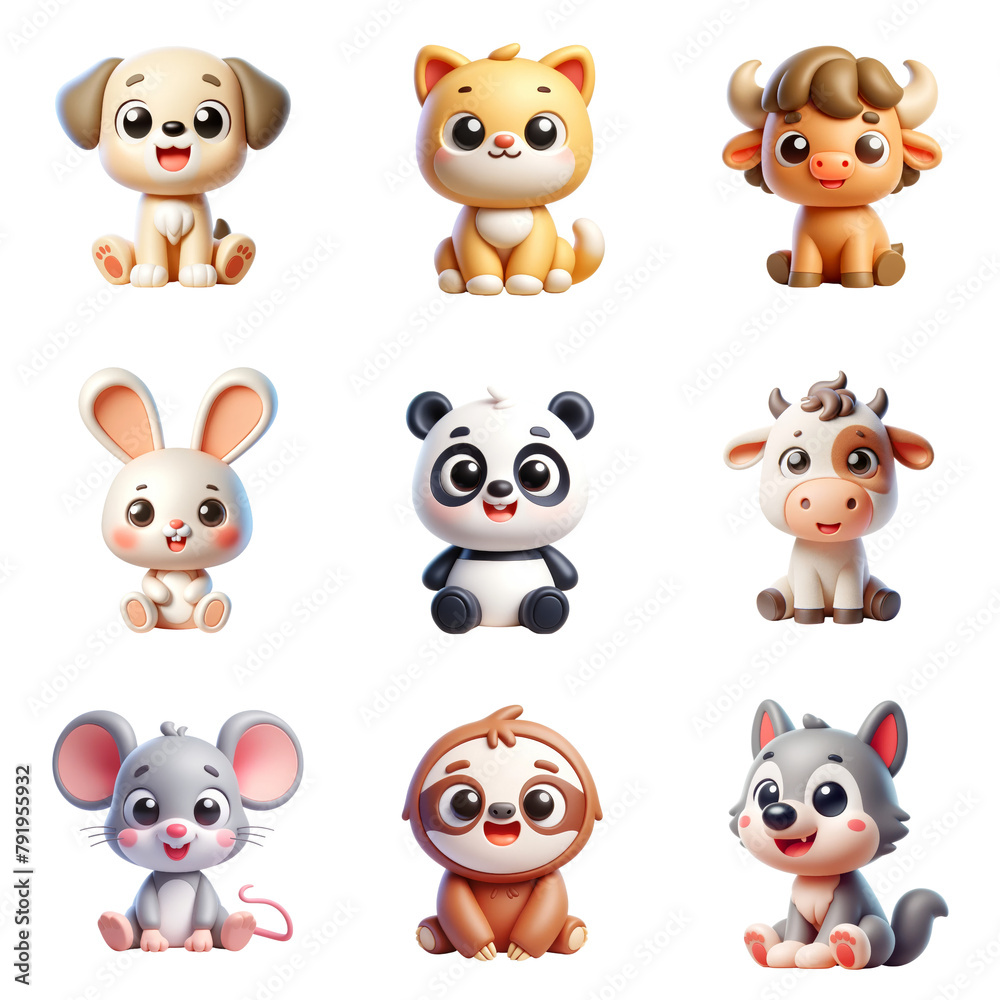 a collection of 3d cute cartoon animals, with cheerful expressions.