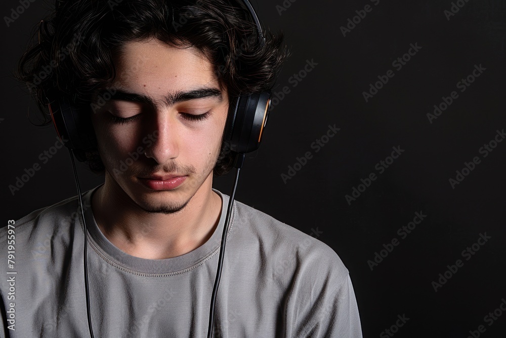 A young man with a beard wearing headphones on a black background.