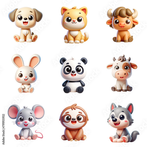 a collection of 3d cute cartoon animals, with cheerful expressions.