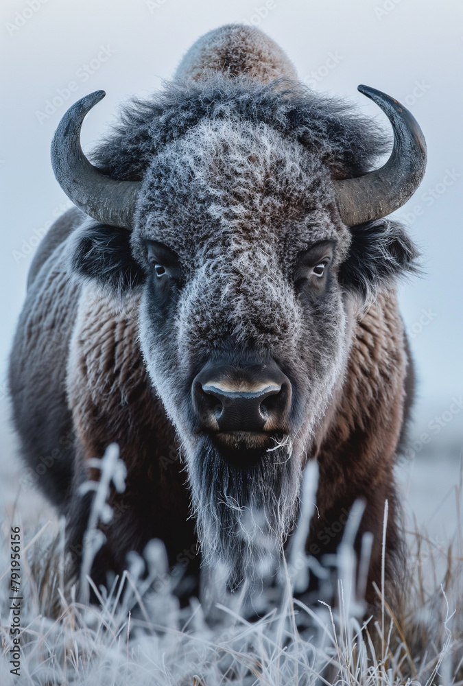 An imposing bison stands enveloped in the frosty haze of dawn, its breath visible in the chilly air, creating an ethereal ambiance in a misty, open field. An imposing bison stands enveloped in the frosty haze of dawn, its breath visible in the chilly air, creating an ethereal ambiance in a misty, open field.