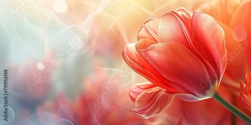 Vibrant red tulip with soft bokeh in a warm glowing background with copy space #791956144