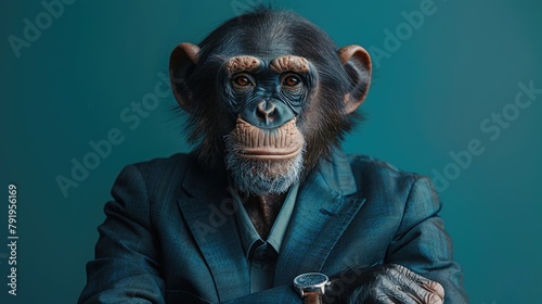 A businessman with a monkey's head in a business suit and tie, wearing glasses on a blurred background. Wolf character, association with strong qualities of a businessman. High quality photo
