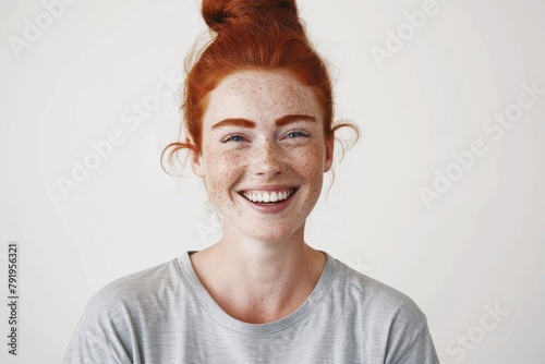 Close-up portrait of a serene redhead woman with freckles and a contented smile