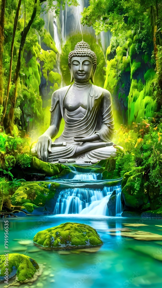 Buddha Statue Meditating in lush green Forest