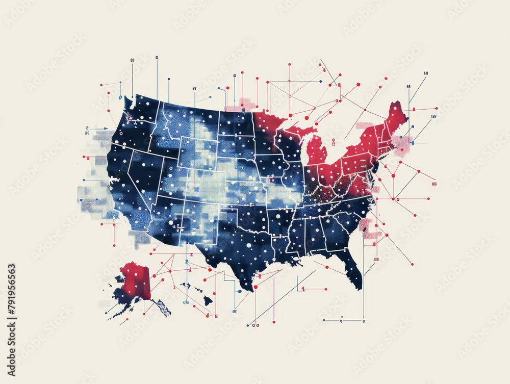 Obraz premium A watercolor painting of the United States with red and blue dots connected by lines.
