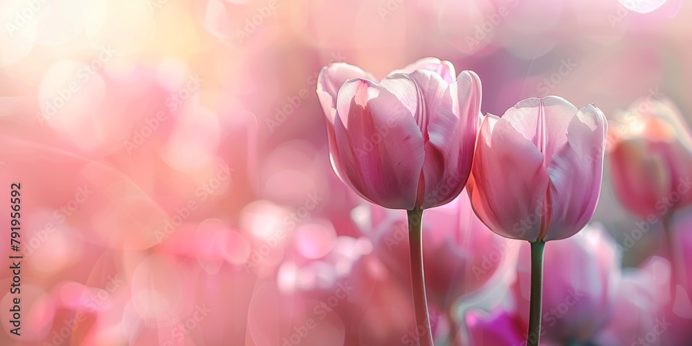 Obraz premium Pink tulips in soft focus with a bright bokeh background in pink tones