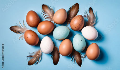 Traditional white brown pastel blue painted eggs for Easter holiday and feathers over light blue background, top view, background, banner, greeting card, backdrop photo