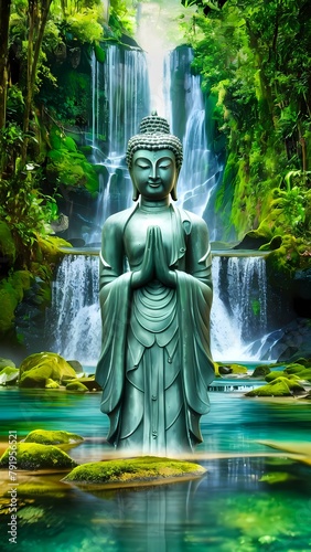 Buddha Statue Meditating by Waterfallm calmness and serenity © MindShiftMasteryHub