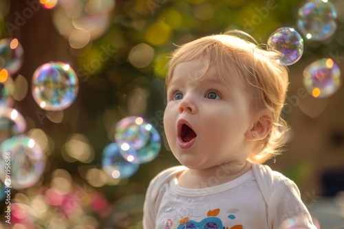 A young child with eyes wide open looks amazed at floating bubbles lit by sunlight