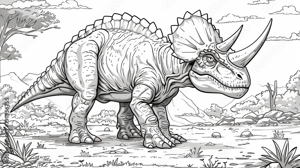 Dinosaurs: A coloring book illustration of a Carnotaurus, known for its horns and powerful legs Dinosaurs: A coloring book illustration of a Carnotaurus, known for its horns and powerful legs
