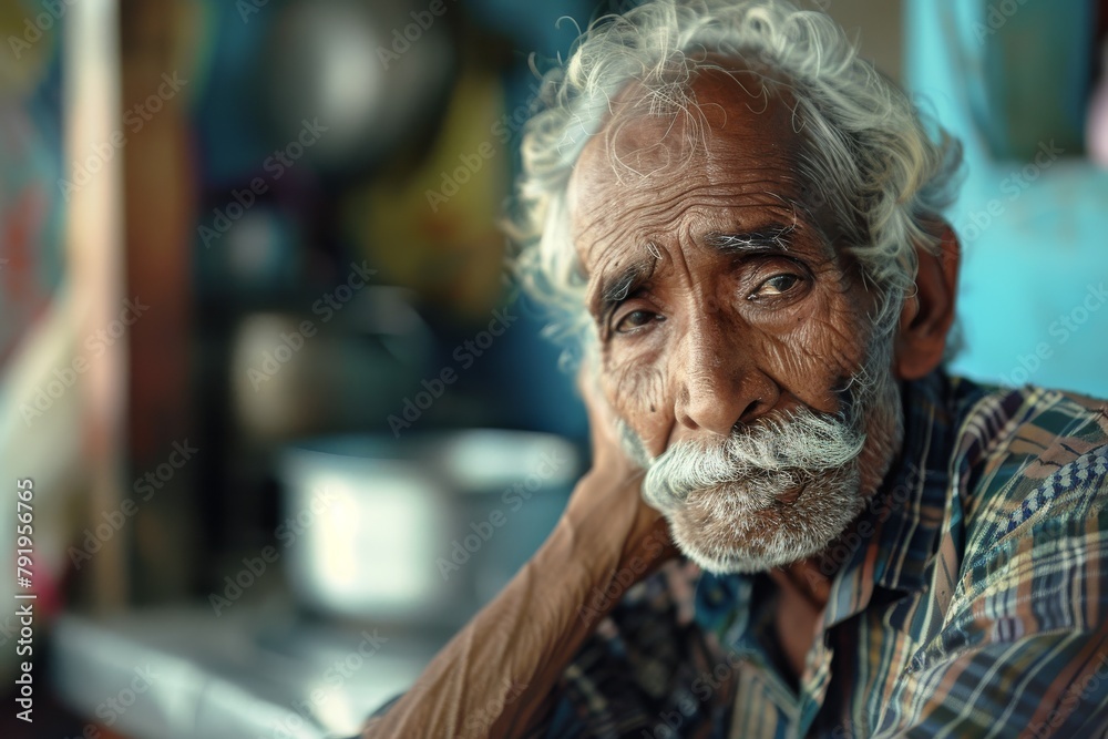 An image depicts a mature man seated casually, his face blurred out for anonymity