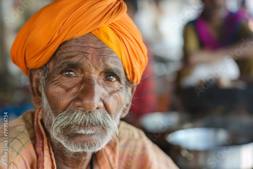 An image showcasing an elder with a vibrant orange turban, his face obscured for privacy