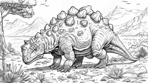 Dinosaurs: A coloring book illustration of an Ankylosaurus defending itself with its armored plates and clubbed tail © MAY