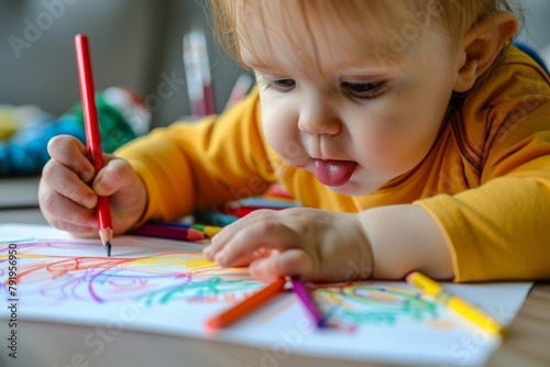 Engrossed toddler with red pencil intensively drawing on a white paper photo