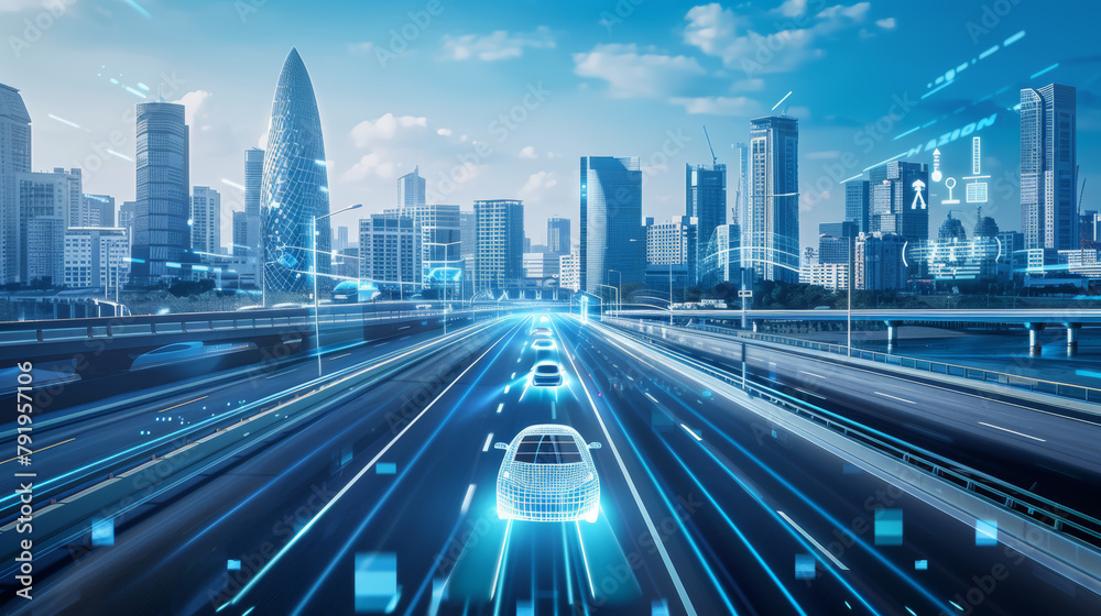 A futuristic cityscape road, featuring smart electric vehicles highlighting the contrast between traditional urban elements like skyscrapers and modern tech features like digital holograms