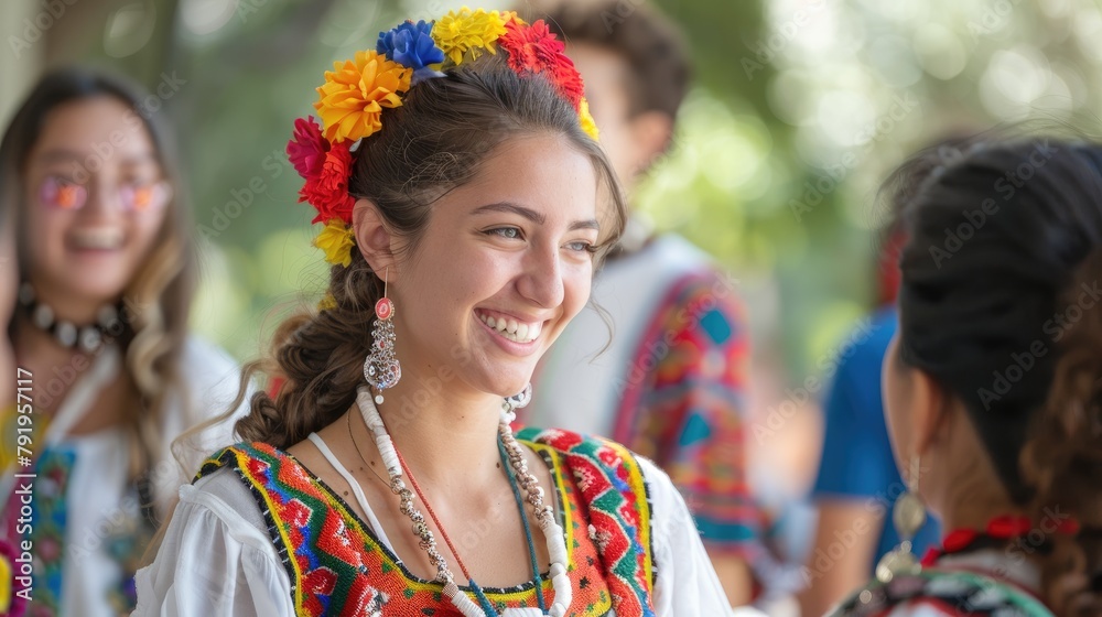 A young woman wearing a traditional Mexican dress smiles happily.