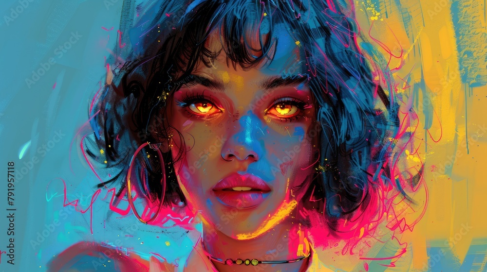 A portrait of a woman with short black hair and glowing yellow eyes. She is looking at the viewer with a serious expression. The background is a bright blue. A portrait of a woman with short black hair and glowing yellow eyes. She is looking at the viewer with a serious expression. The background is a bright blue.