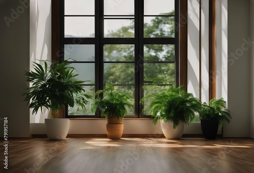 interior wooden product pot panoramic plant Mock floor white template wall green Empty splay windows
