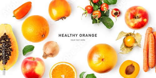 Orange healthy fruit vegetable frame border isolated on white background © ifiStudio