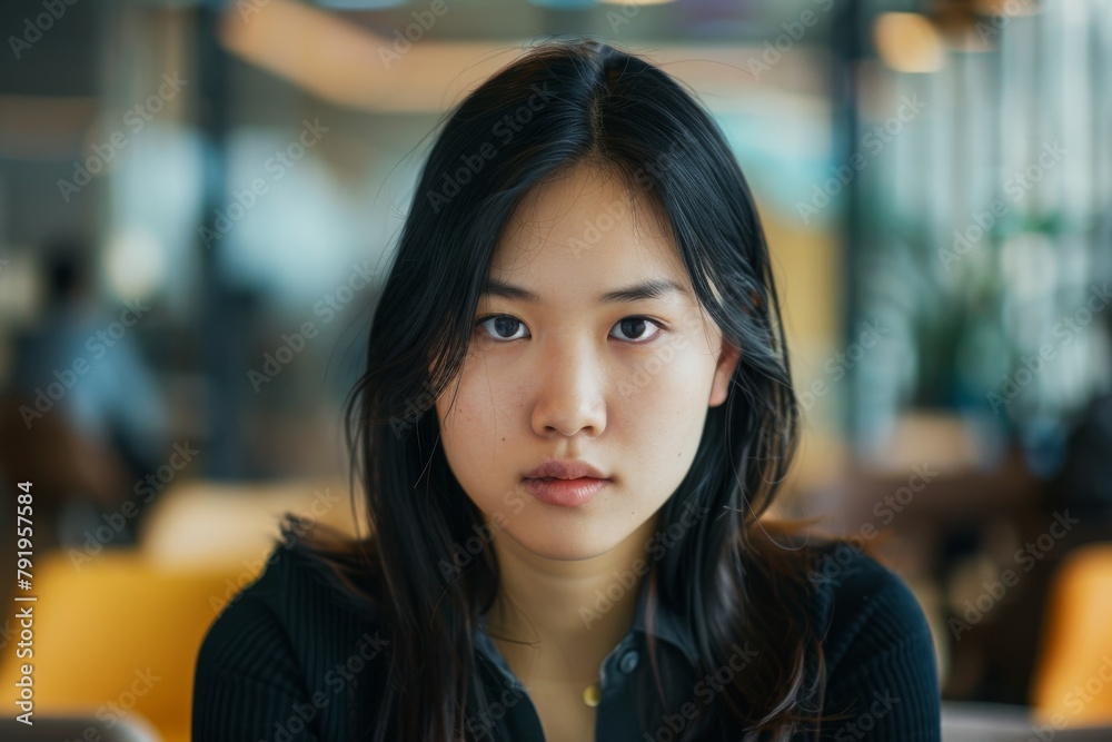 Captivating portrait of a young Asian girl, looking confidently forward in a cafe setting