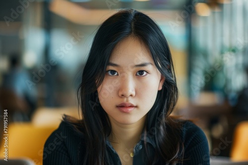 Free Download Captivating portrait of a young Asian girl, looking confidently forward in a cafe setting - GFXLoad