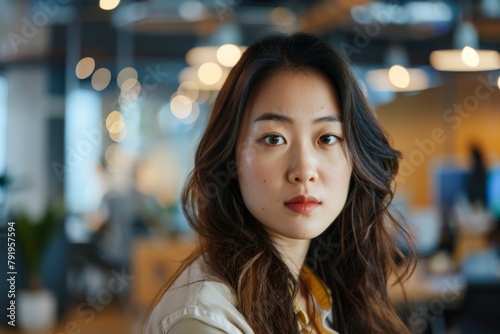 A close-up of a young Asian woman with a serious expression against a blurred office background