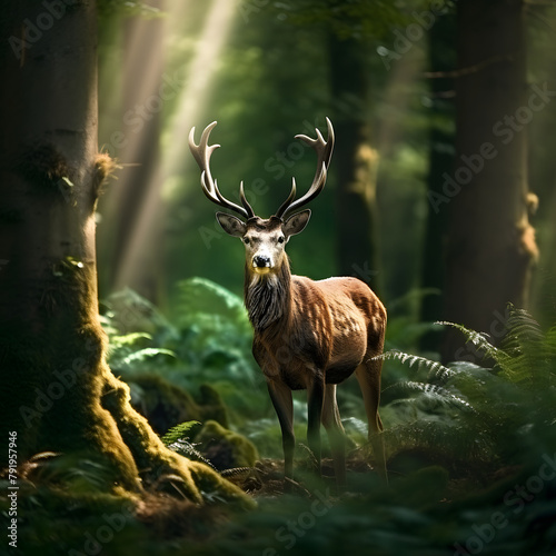 Deer walking around nature in the morning light. Animal in nature forest and meadow habitat. Wildlife scene.	
