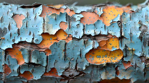 The flaky texture of a birch treea??s bark, captured in extreme close-up to highlight the peeling layers and the contrasting colors photo