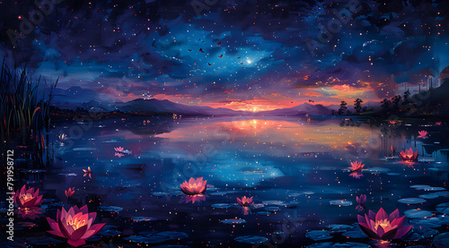 Midnight Mirrors: Oil Painting Reflecting Sky, Flowers, and Butterflies in Tranquil Waters