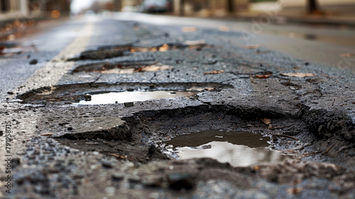 Close up of potholes holes on the road, broken tarmac, bad roads concept. © Liliya Trott