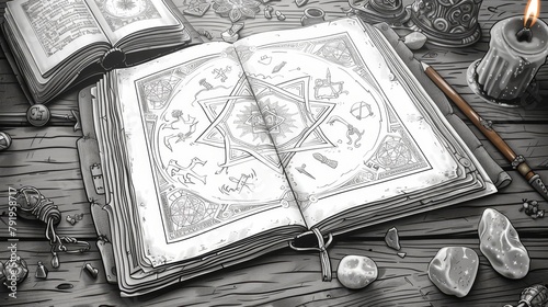 Fantasy elements: A spellbook filled with mysterious symbols and spells