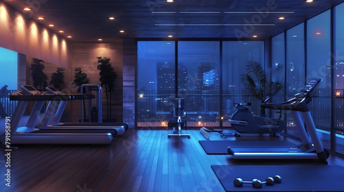 A dimly lit gym with treadmills, an elliptical, and a weight bench. There are windows in the background looking out onto a city at night.