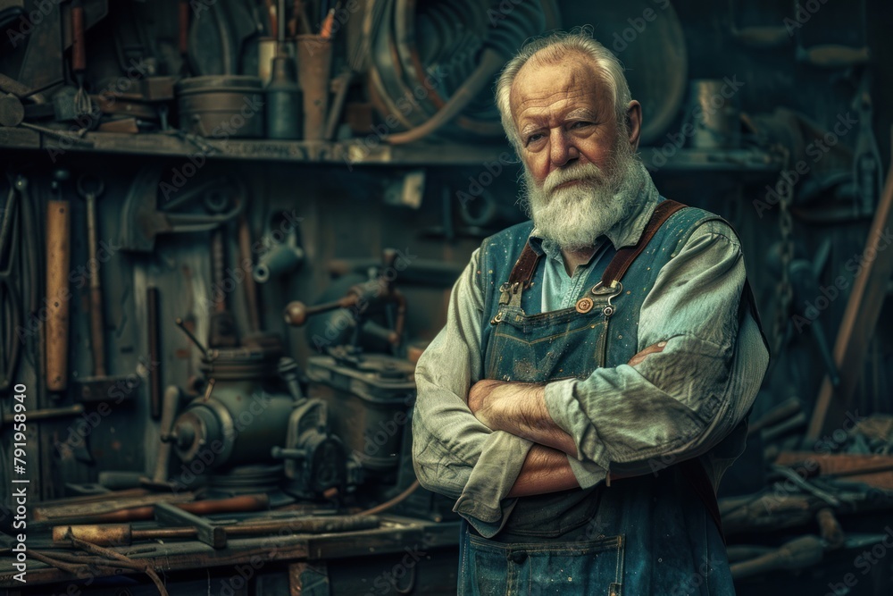Fototapeta premium Bearded man smiles in workshop, his mature demeanor reflecting years of expertise.