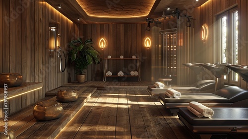There are 7 massage tables in a room with wood paneling on the walls and indirect lighting.

 photo
