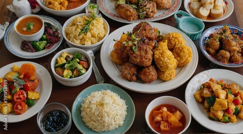 A plate of food on a table with a colorful array of dishes.