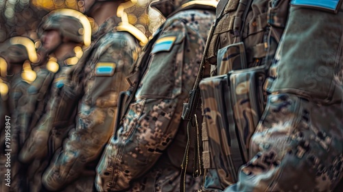 Close up of a soldiers arm in military camouflage patch