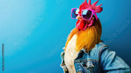 Funny cockerel wearing sunglasses and denim shirt, blue wall background with copy space for text. Holidays concept. photo